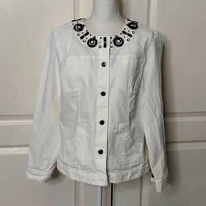 JM Collection women's size 16 white denim style button up jacket w/ wood detail